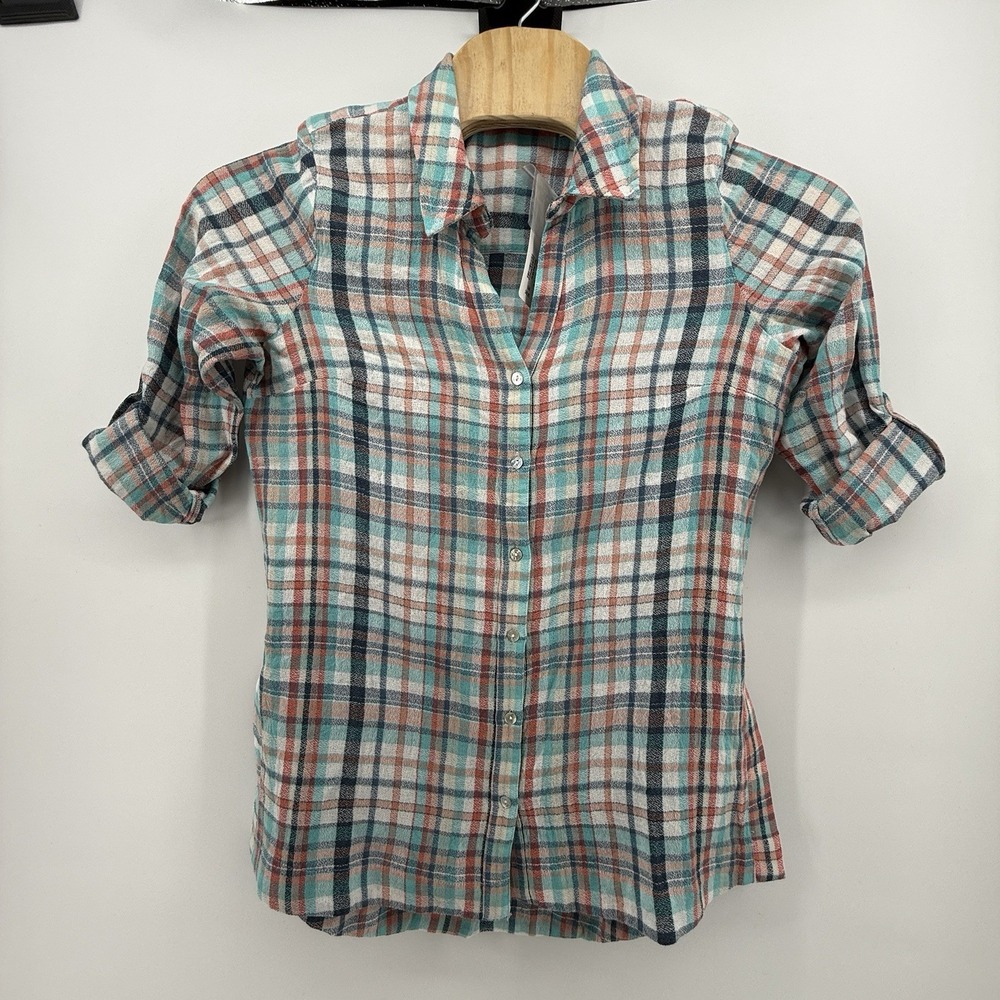 Soft Surroundings Plaid Button-Down Shirt in Teal, Coral and White